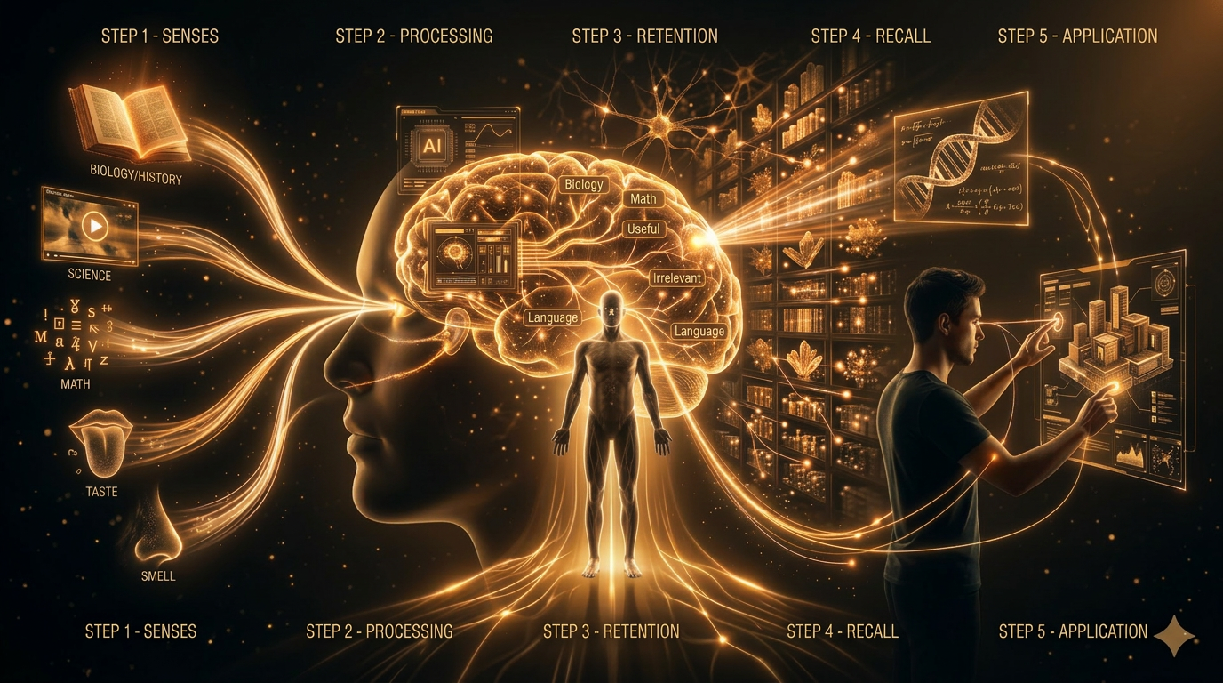 The Learning Machine framework: a five-step journey from Senses to Processing, Retention, Recall, and Application.